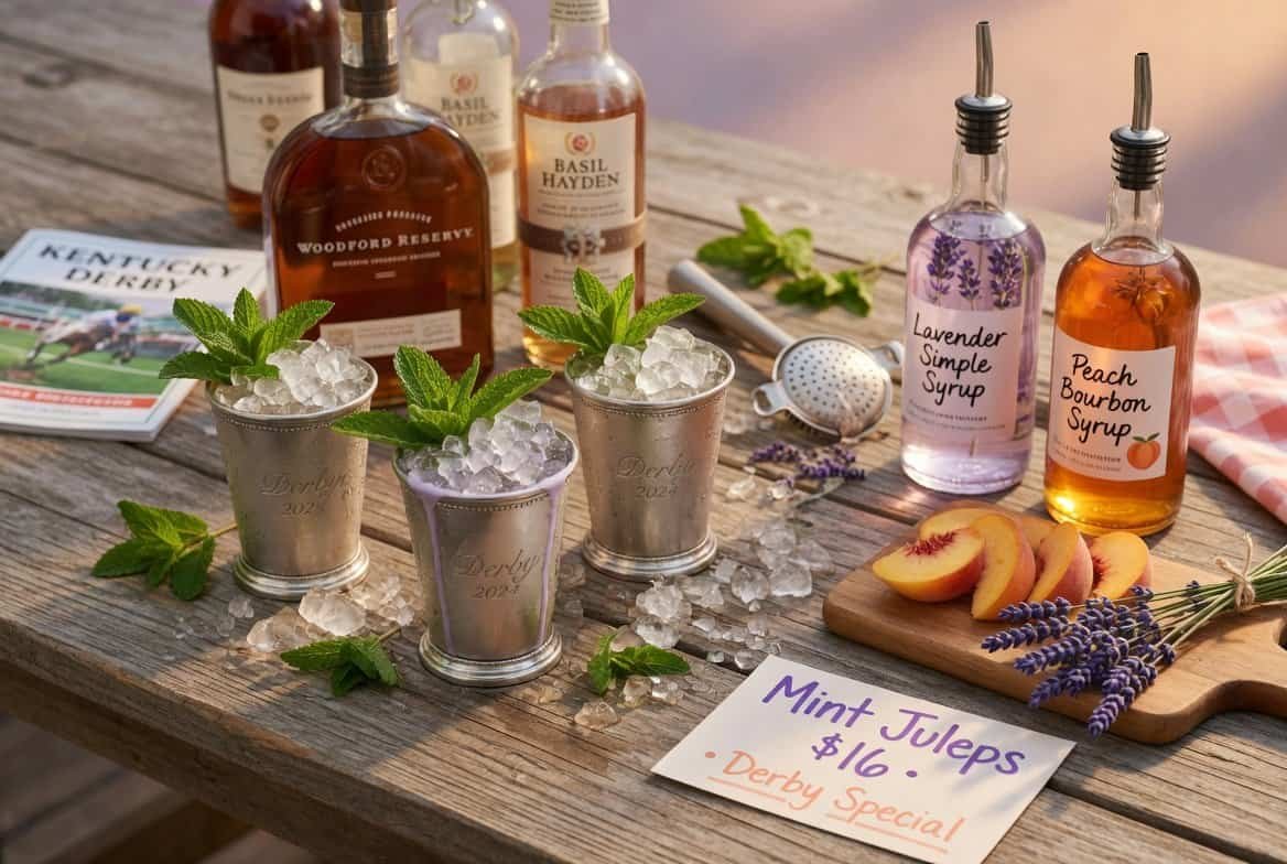Kentucky Derby Mint Julep bar with fresh mint, bourbon, and syrups for Derby celebration.