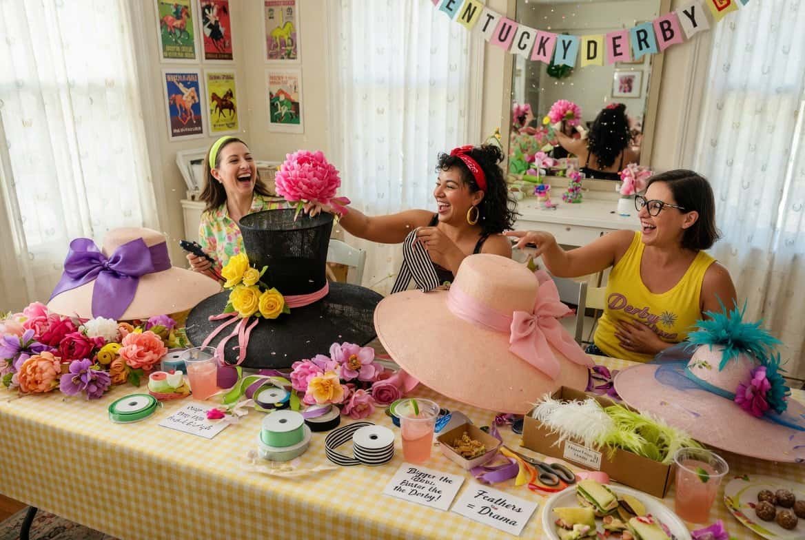 Women celebrating at a Kentucky Derby themed party with hats and flowers.