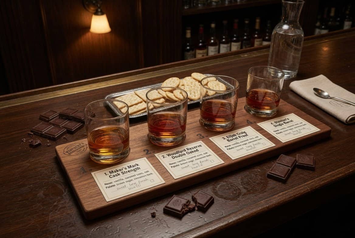 Whiskey tasting setup with three glasses of bourbon and chocolate samples.