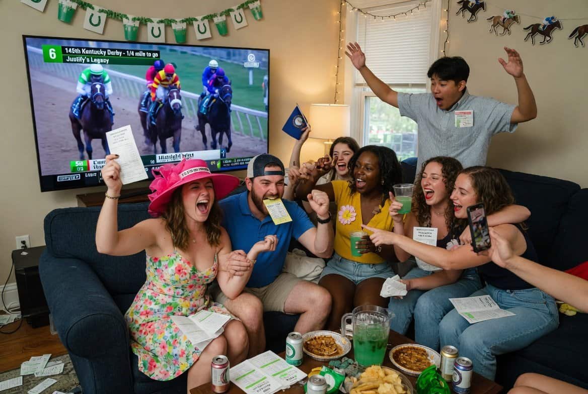 Vibrant Kentucky Derby viewing party with friends celebrating horse race.
