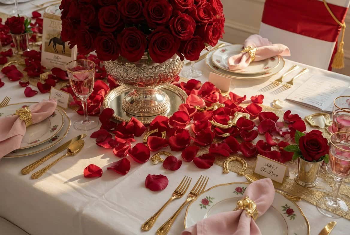 Beautiful Kentucky Derby themed table decorated with roses, gold cutlery, and pink napkins for a fes.