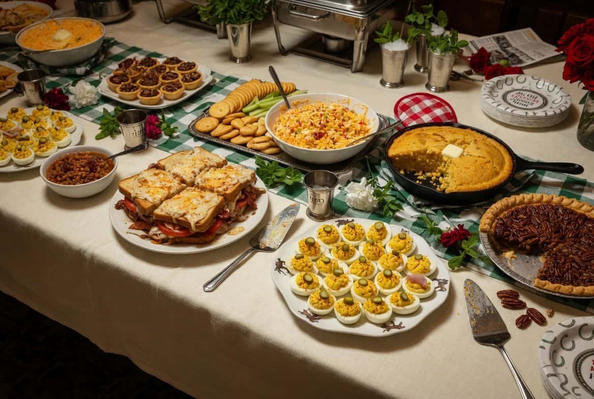 Assorted delicious party foods for Kentucky Derby celebration on a decorated table.