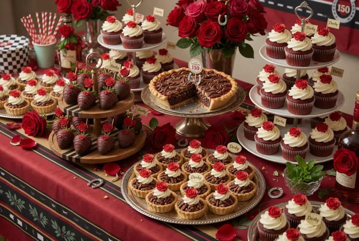 Delicious cupcakes, brownies, and strawberries decorated with red roses for Derby celebration.