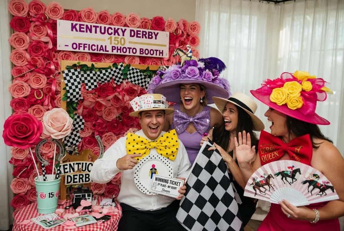 Group of friends wearing colorful Kentucky Derby hats at a themed party.