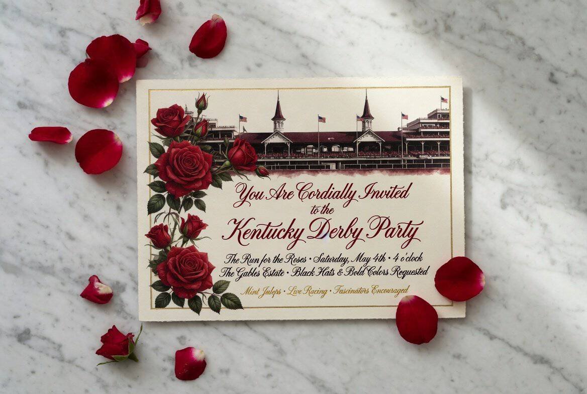 Elegant Kentucky Derby party invitation with roses and historic racetrack background.