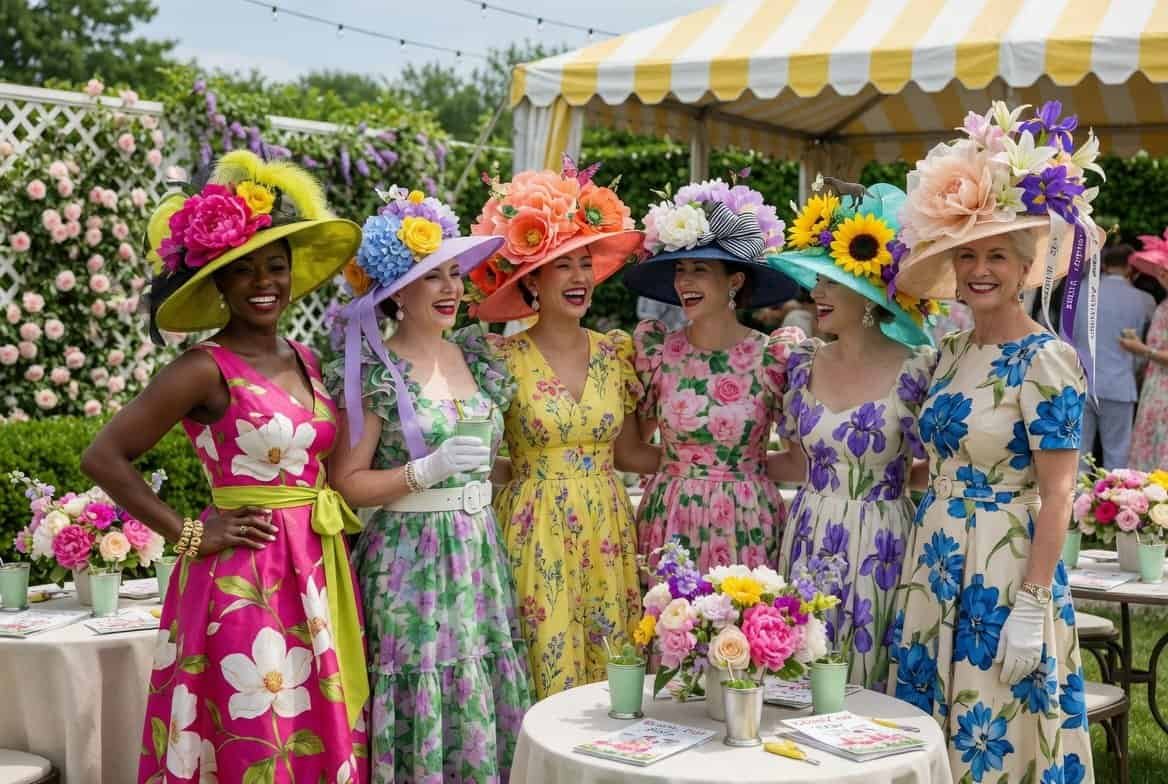 Women wearing vibrant floral hats at Kentucky Derby-themed garden party.