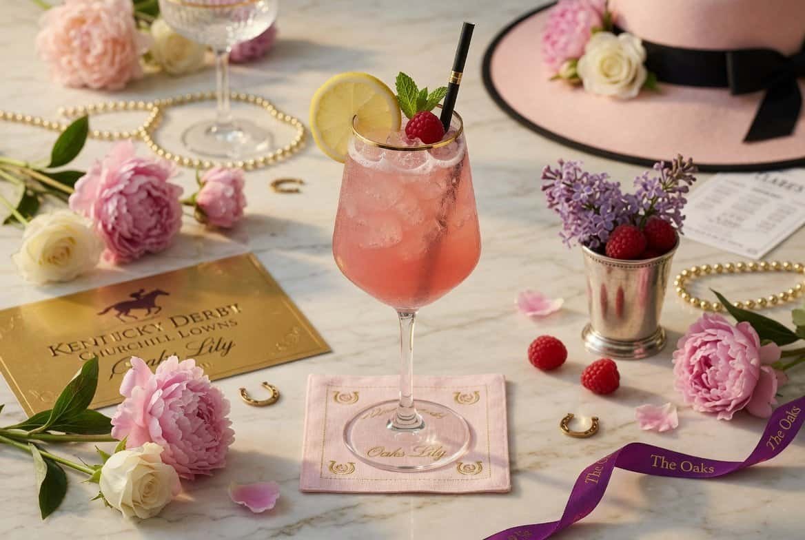 Elegant Kentucky Derby themed cocktail with flowers and accessories.