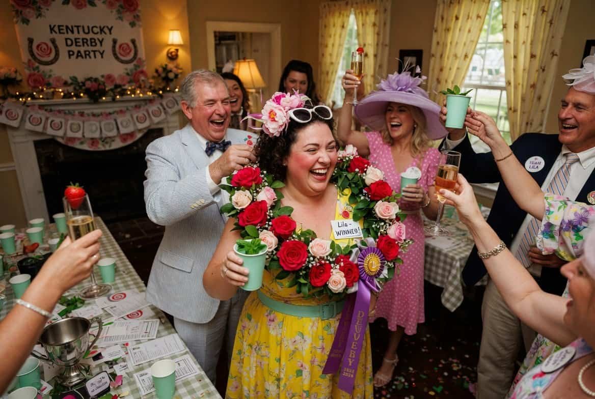Vibrant Kentucky Derby themed party with guests enjoying drinks and festive decorations.