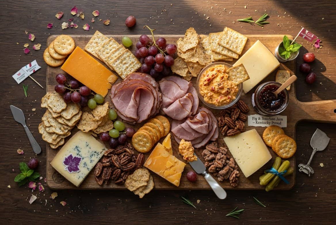 Delicious cheese, meats, grapes, and crackers arranged on a wooden platter for a Kentucky Derby cele.
