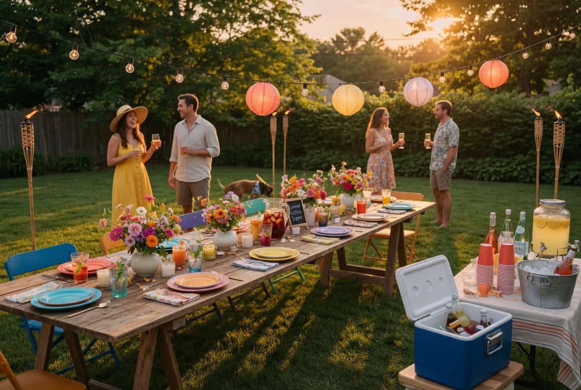 Outdoor summer party with vibrant decor, string lights, and guests socializing in a lush backyard.