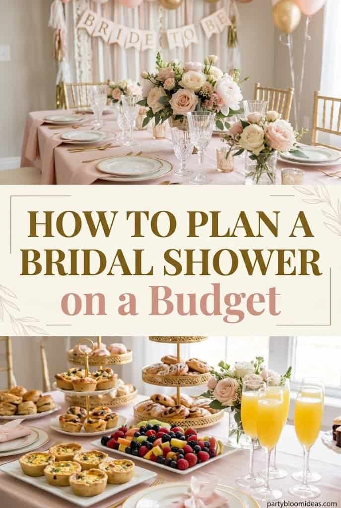 Beautiful bridal shower table decorated with pink and white flowers, elegant glassware, and a variet.