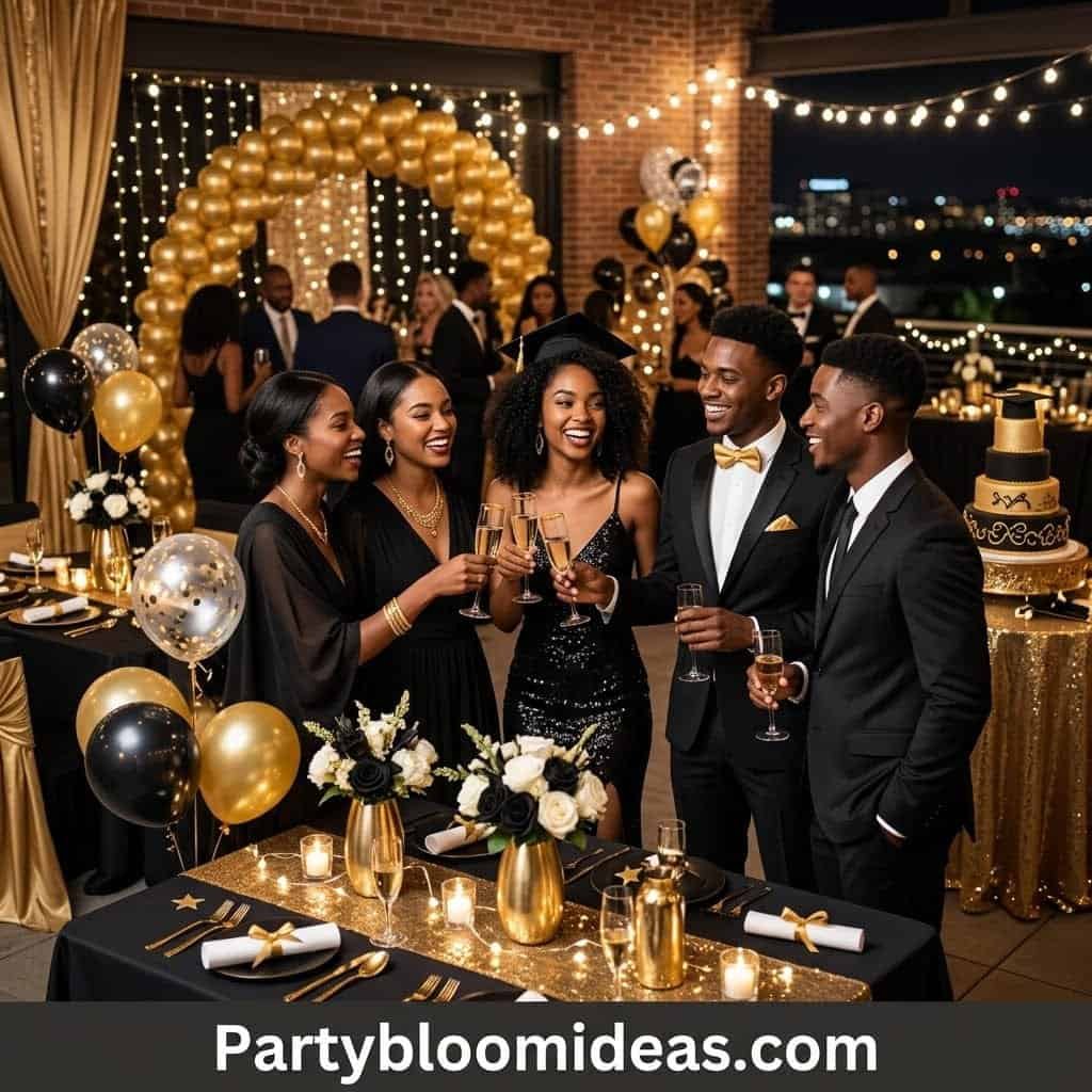 Elegant graduation party with gold and black balloons, floral arrangements, and festive lighting.