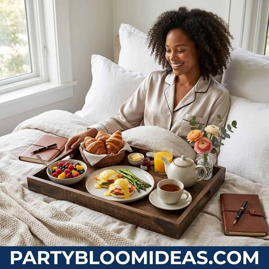 Elegant breakfast in bed for Mother's Day with pastries, fruit, and flowers, perfect for celebrating.