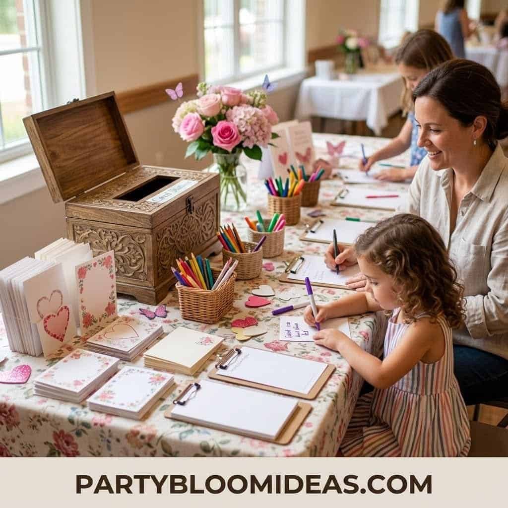 Mother's Day craft station with flowers, markers, and DIY decorations for a special celebration.