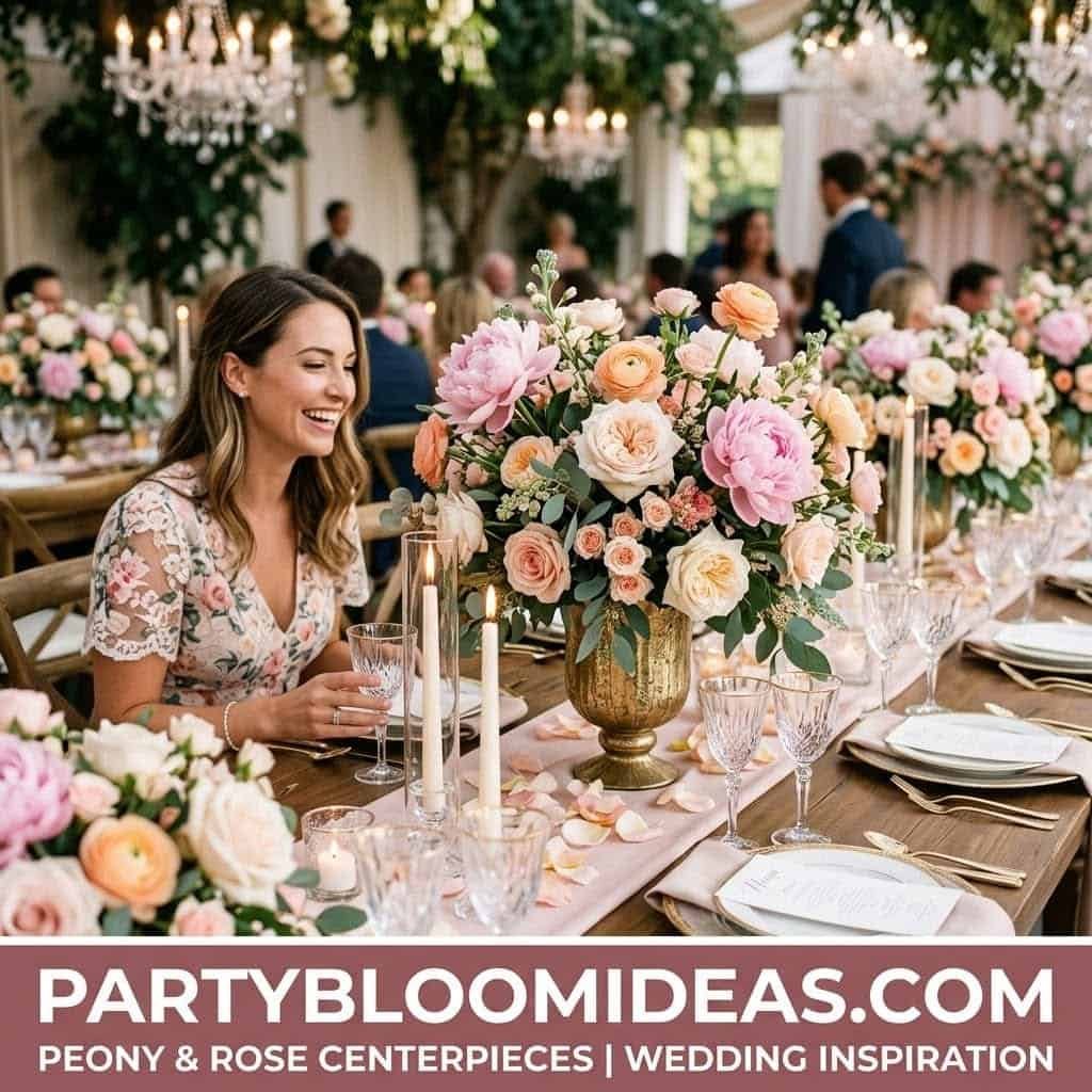 Beautiful floral centerpiece featuring peonies and roses for a Mother's Day celebration.