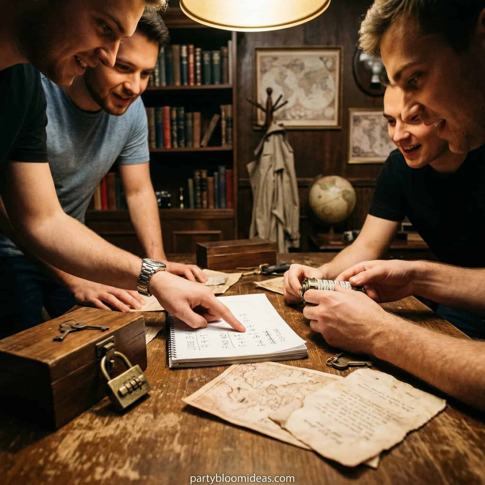 Friends solving an escape room puzzle during a birthday party.