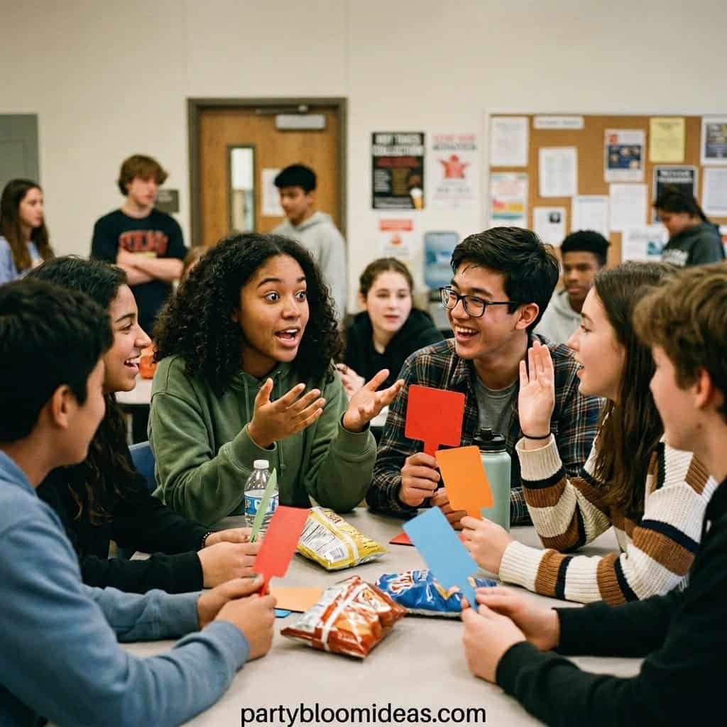 Group of teenagers playing interactive birthday games at a party.