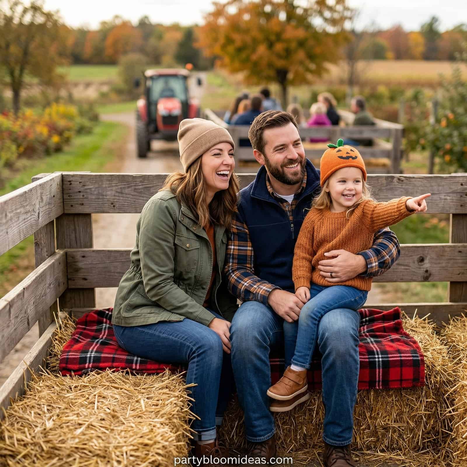 People enjoying a fall hayride with Halloween decorations