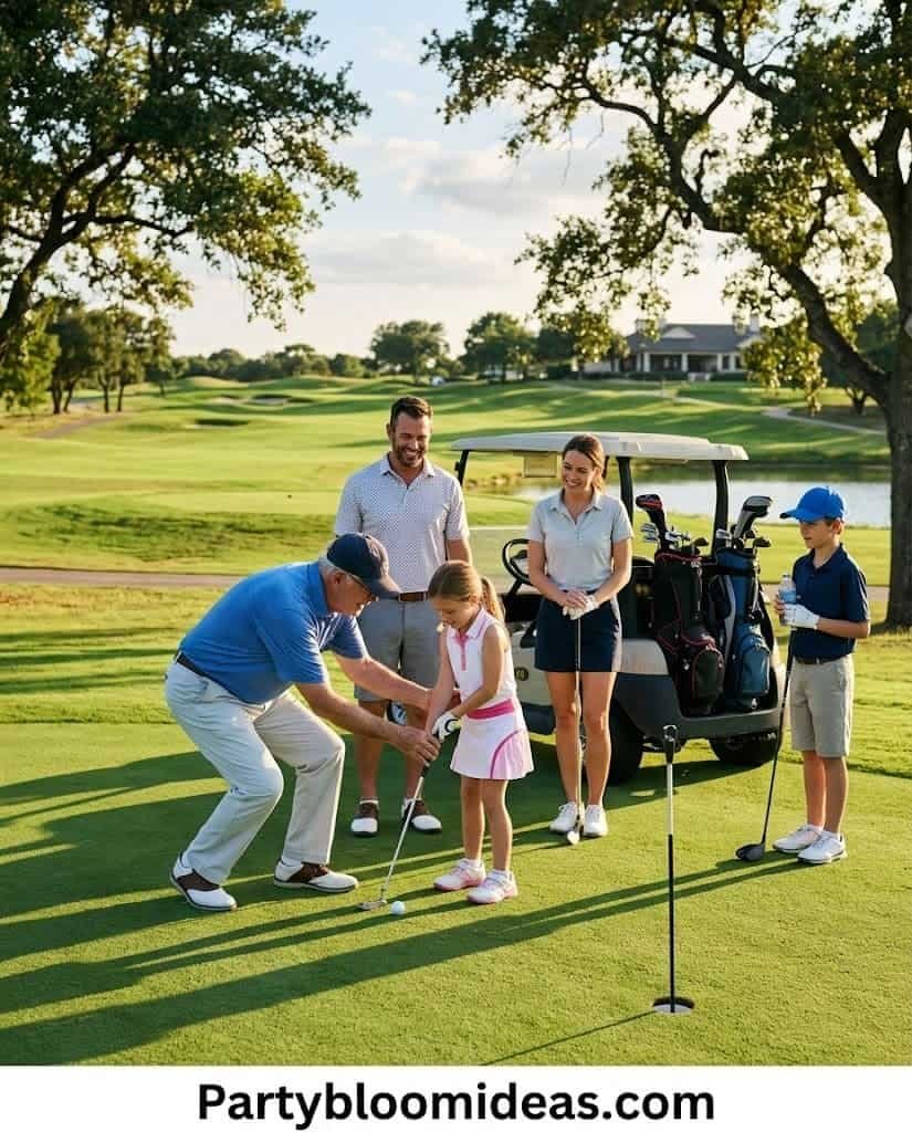 Family golf outing for Father's Day celebration on a sunny golf course.