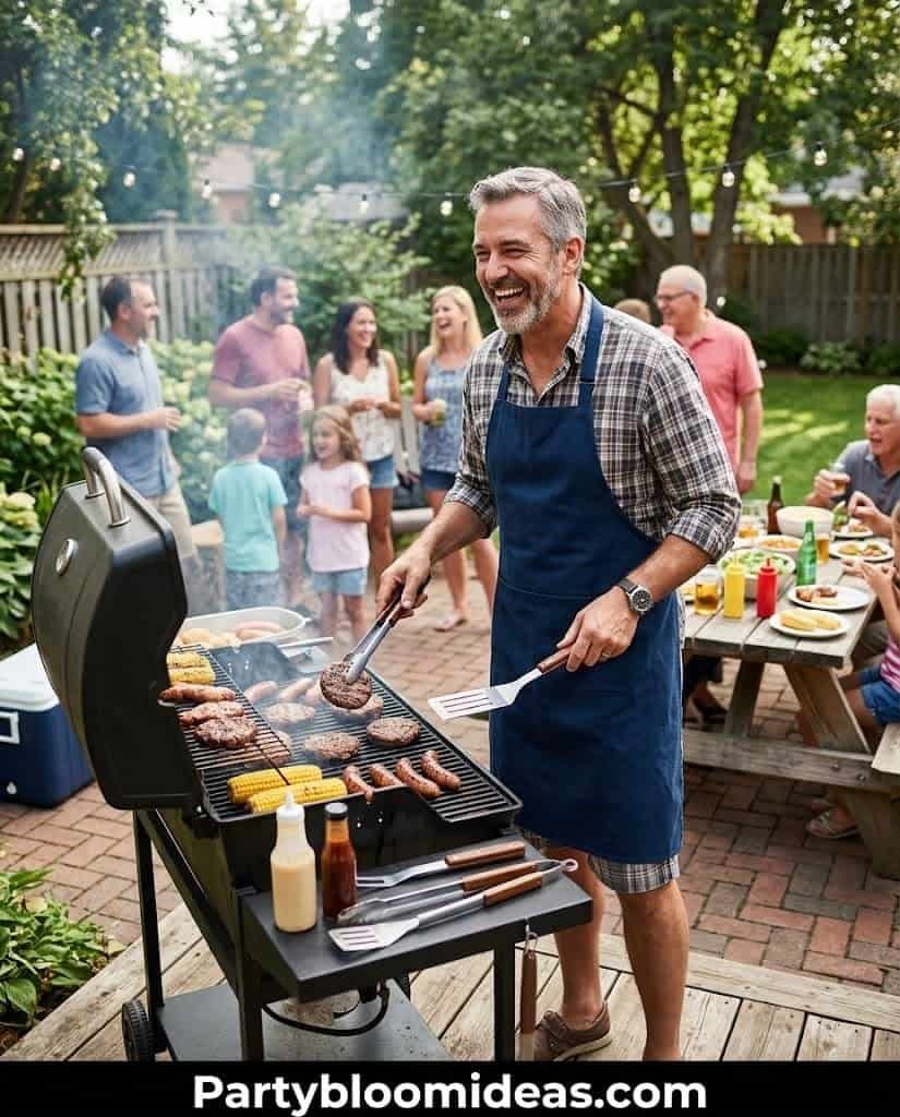 Man grilling burgers at outdoor Father's Day celebration with family and friends.