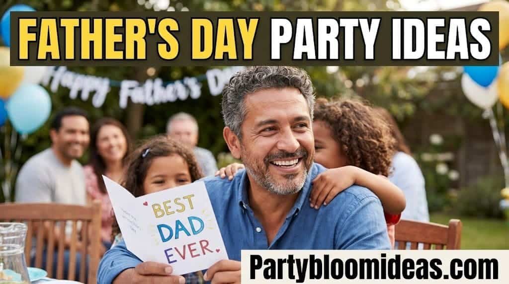 Happy father and children celebrating Father's Day with party decorations and gifts.