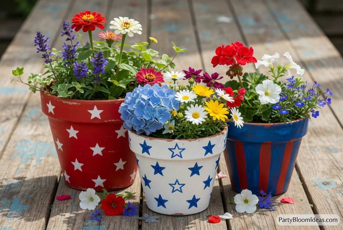 Colorful patriotic flower pots with red, white, and blue flowers for Independence Day decor. DIY 4th of July Decorations
