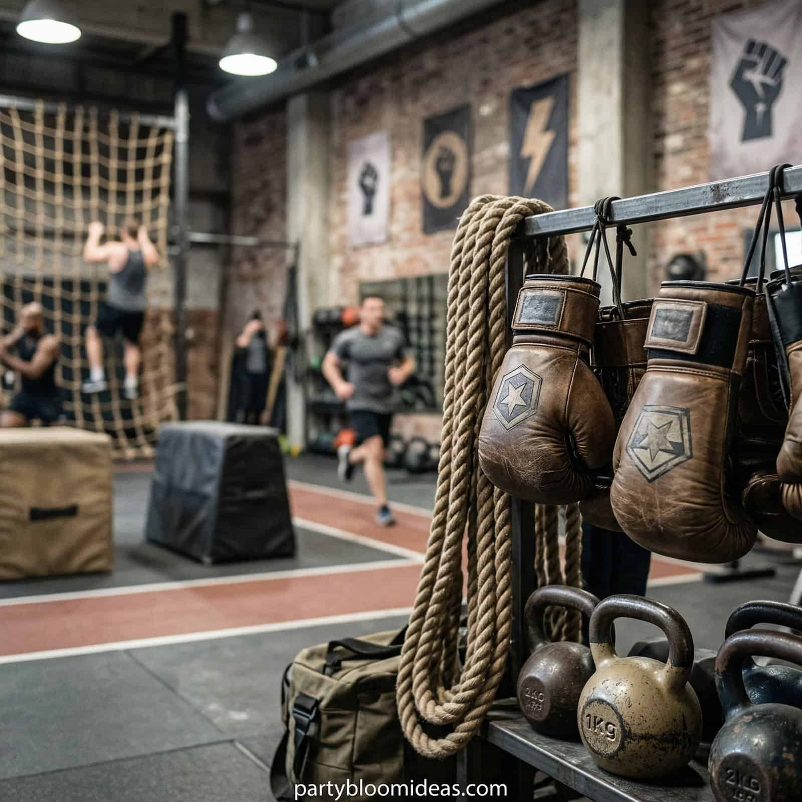 Kids boxing gloves and gym equipment for a fitness-themed kids birthday party.