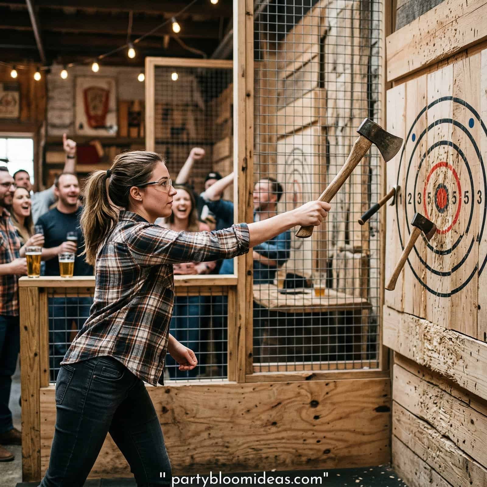 A woman throws an axe at a target during a lively birthday celebration with friends.