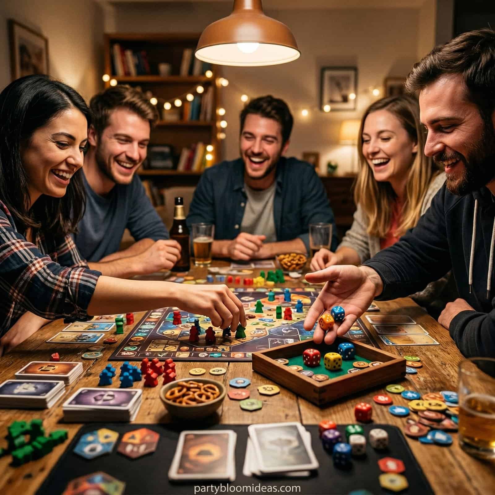 Group of friends playing a board game during a birthday party at home.