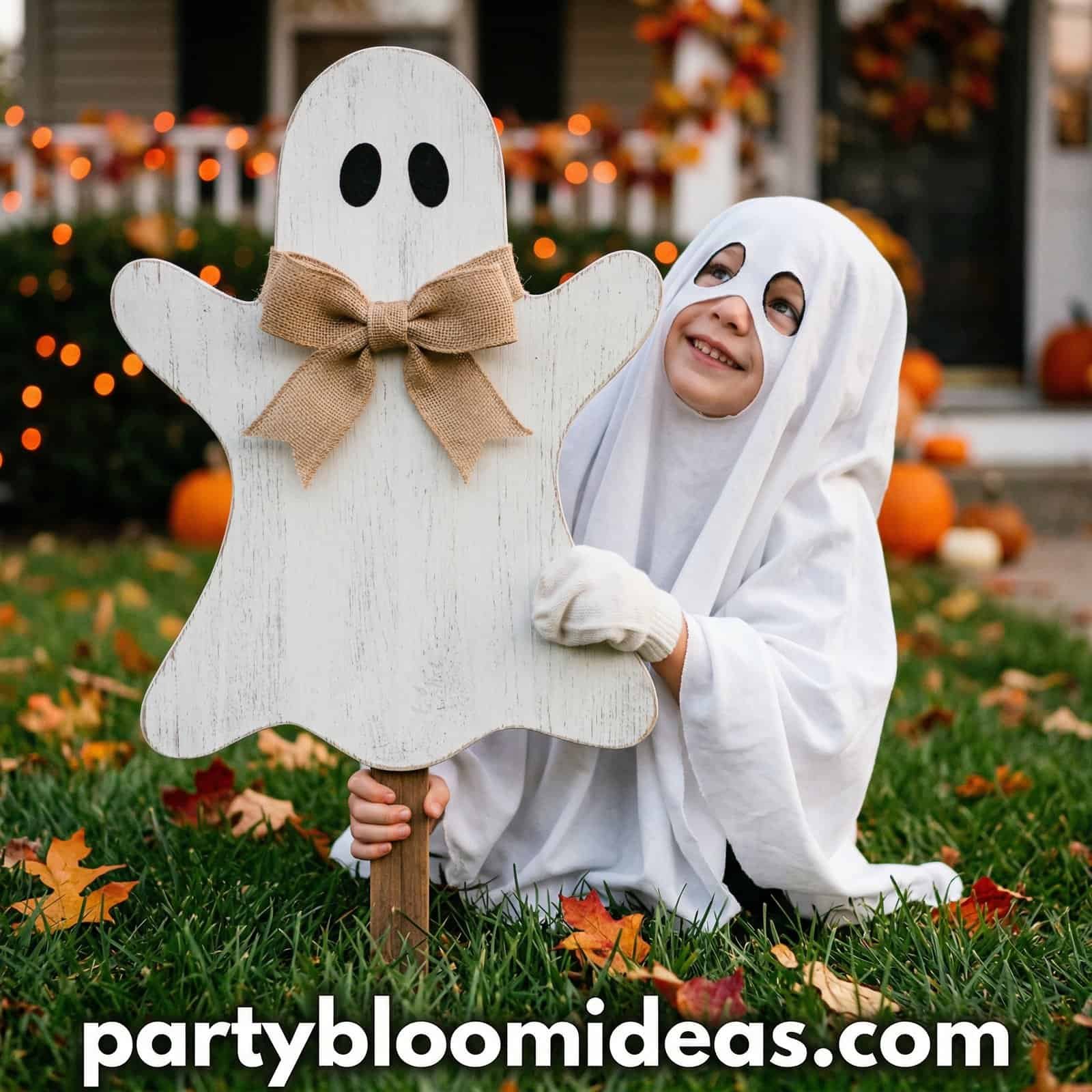Child dressed as a ghost holding a wooden ghost craft for Halloween decoration.
