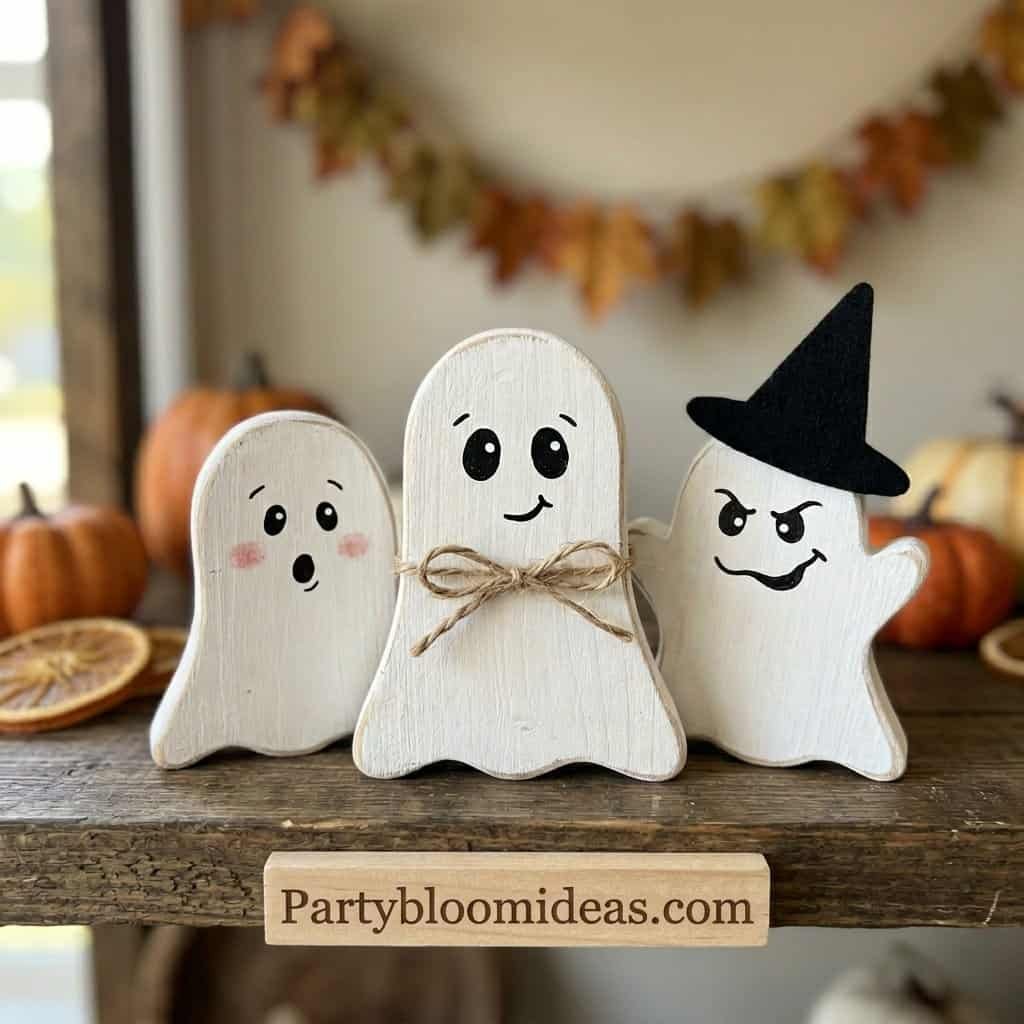 Handcrafted ghost wood decorations with cute faces for Halloween and fall decor.