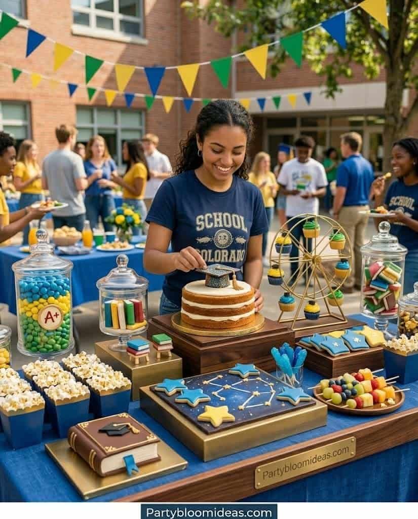 Graduation celebration with decorated dessert table and colorful treats.