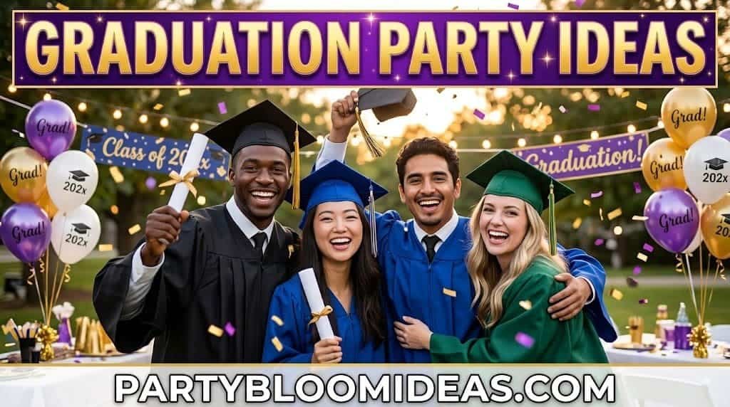 Graduation celebration with happy graduates in caps and gowns at a festive outdoor party.