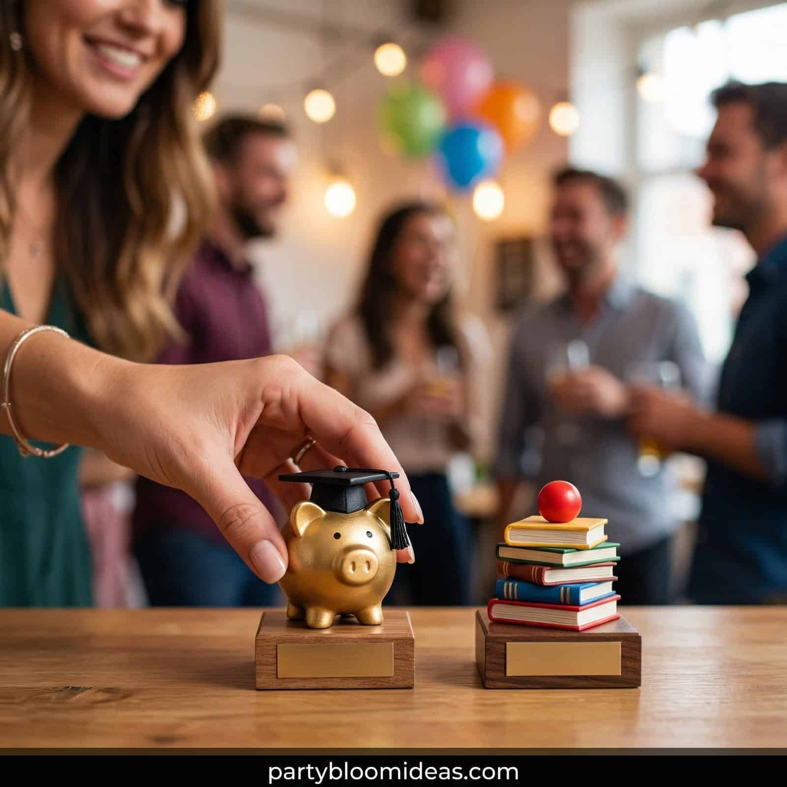 Graduation piggy bank with books and cap for 12-year-old birthday celebration.