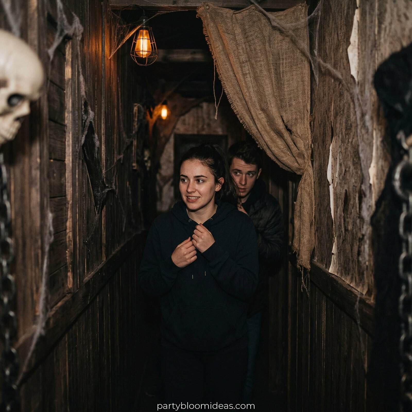 Adults entering a spooky Halloween party with eerie decor and dim lighting