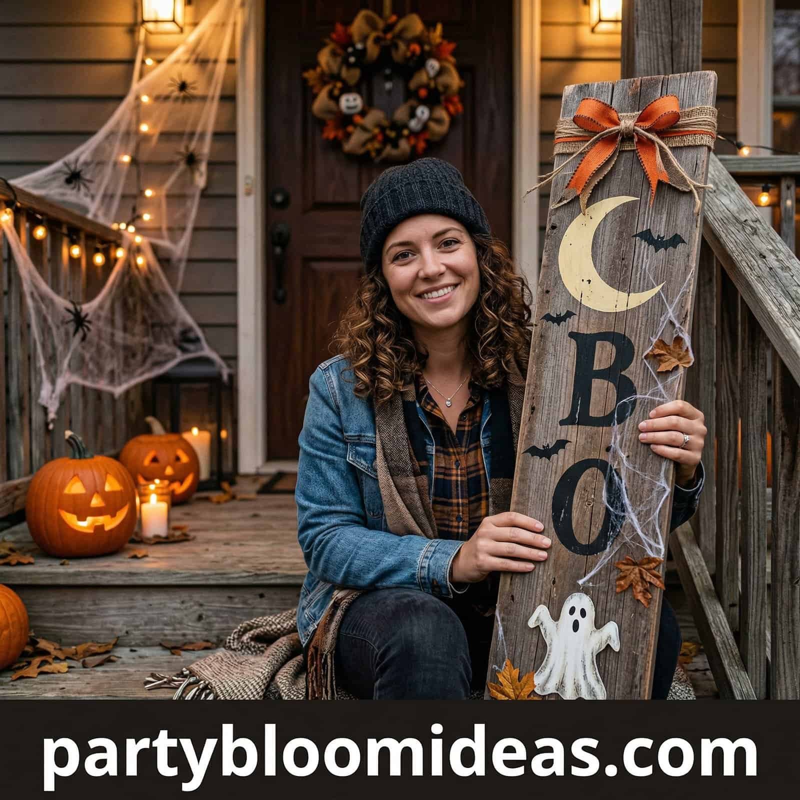 Handmade Halloween wood sign with moon, bats, and ghost for festive porch decoration.