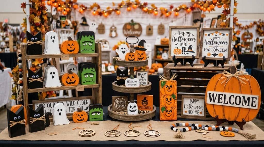 Decorative Halloween wood crafts with pumpkins, ghosts, and witches for seasonal sales.