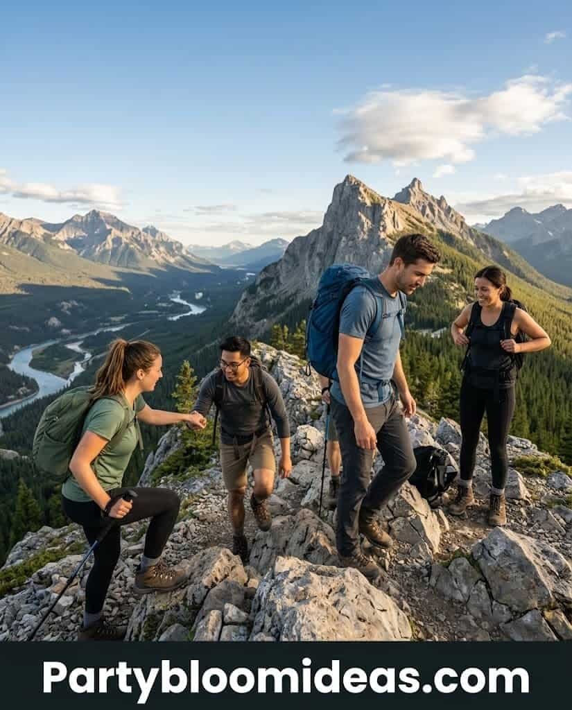 Hiking group enjoying mountain trail with scenic views and backpacks.