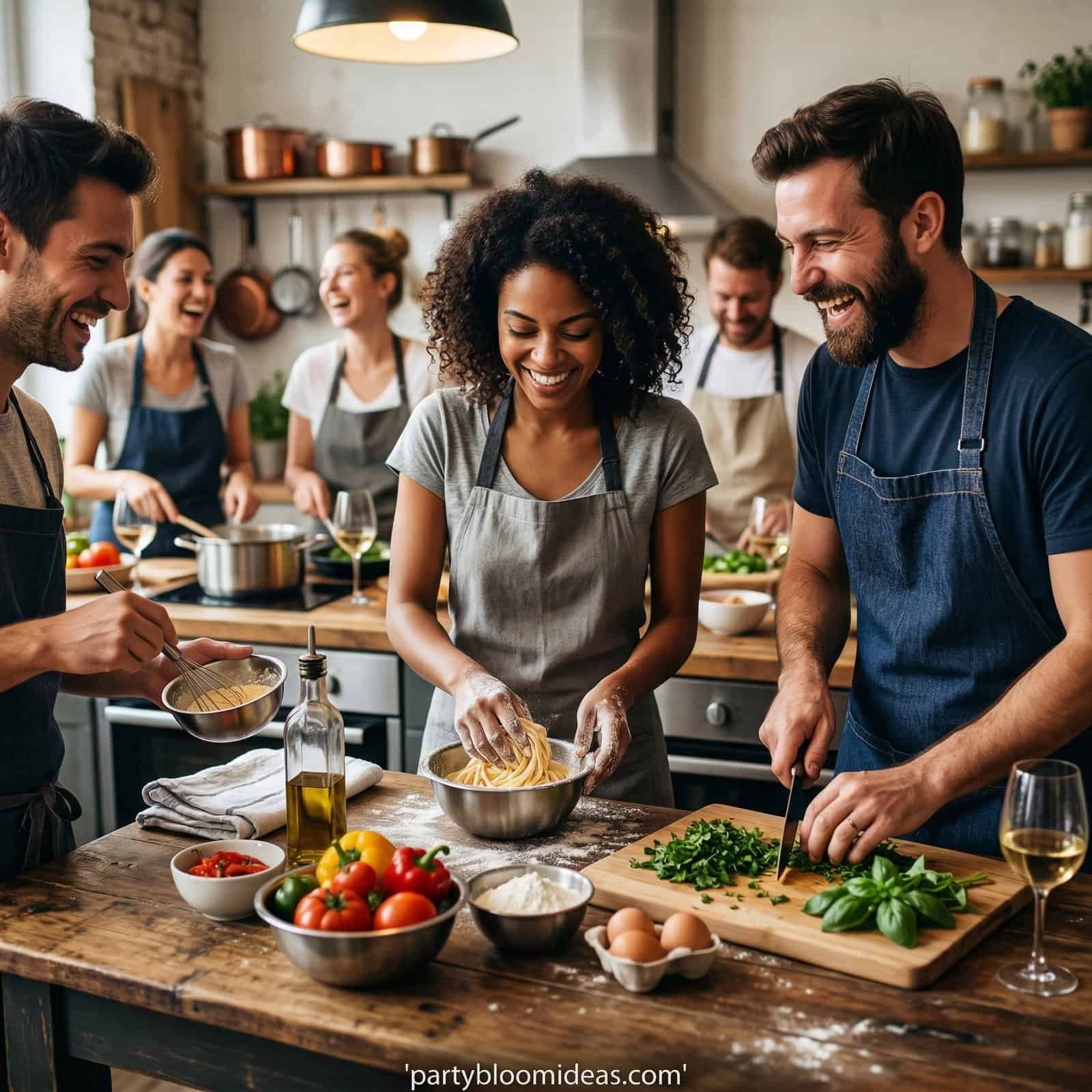 Group of friends making homemade pasta in a cozy kitchen.