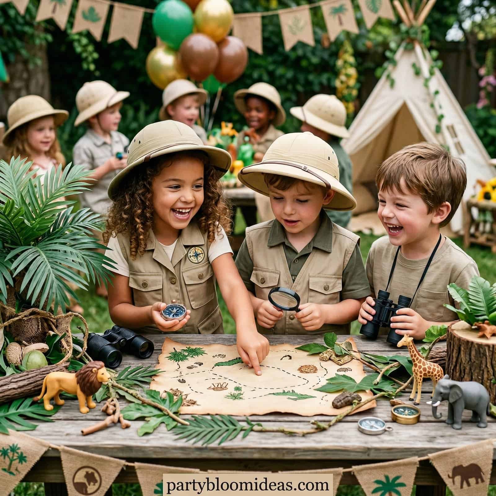Kids dressed as explorers enjoying jungle safari themed party outdoors.