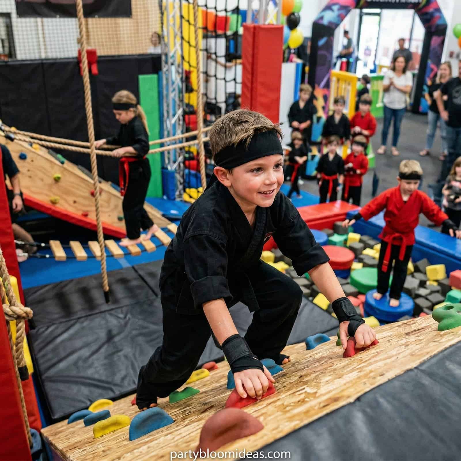 Children participating in a ninja warrior-themed obstacle course at a kids' birthday party.