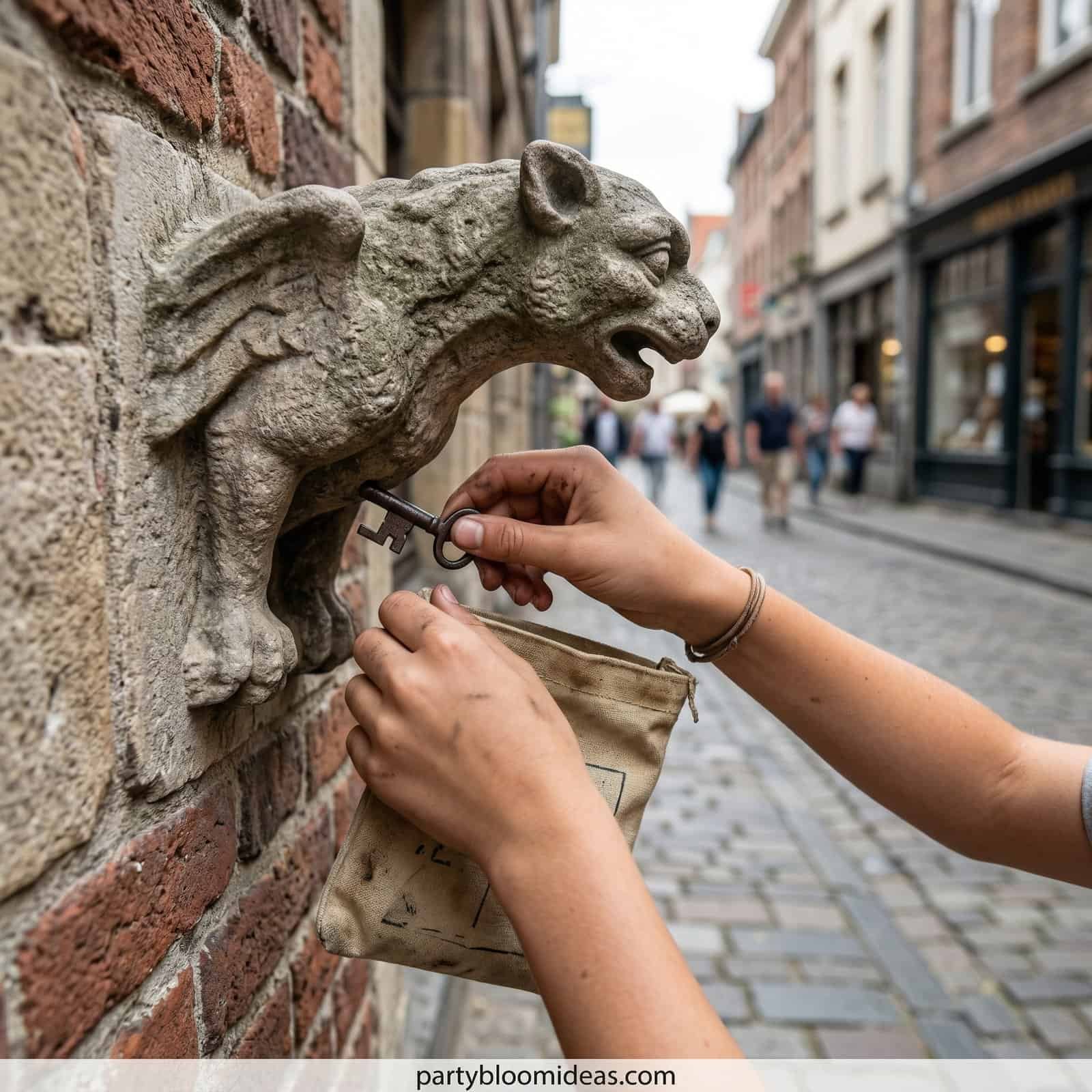 Close-up of a person using a key to unlock a lion gargoyle door knocker on a brick wall.