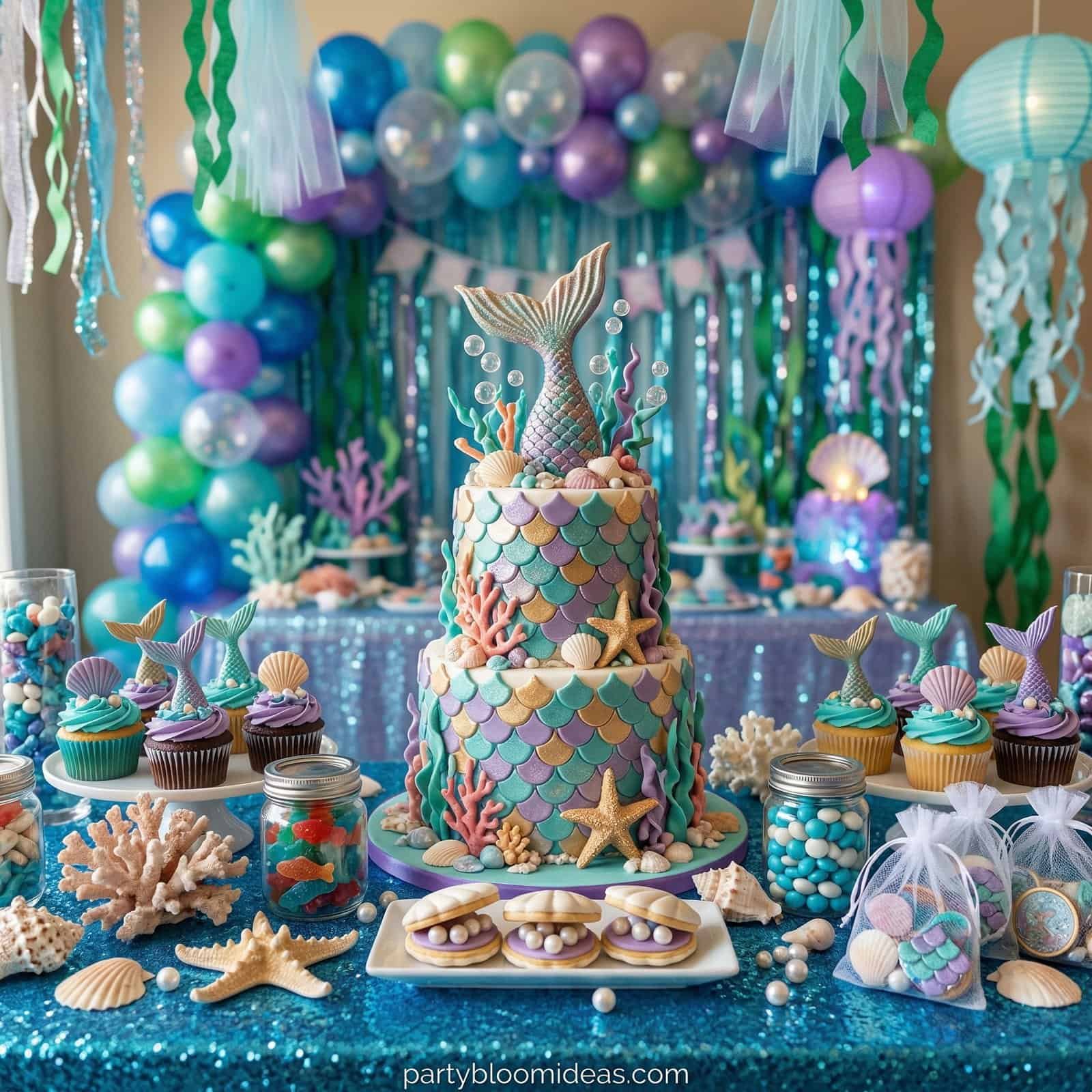 Mermaid-themed birthday cake with ocean decorations for kids' party.