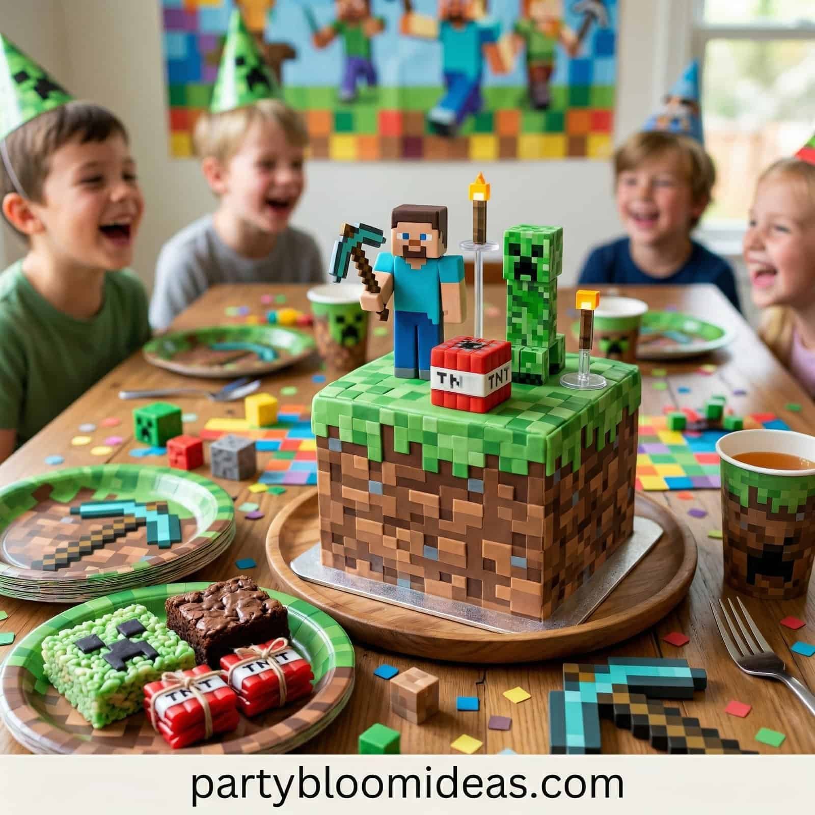 Kids birthday party with Minecraft-themed cake and decorations.