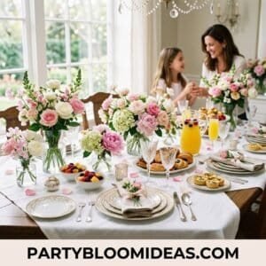 Elegant Mother's Day party setup with pink and white flowers, delicious desserts, and refreshing dri.