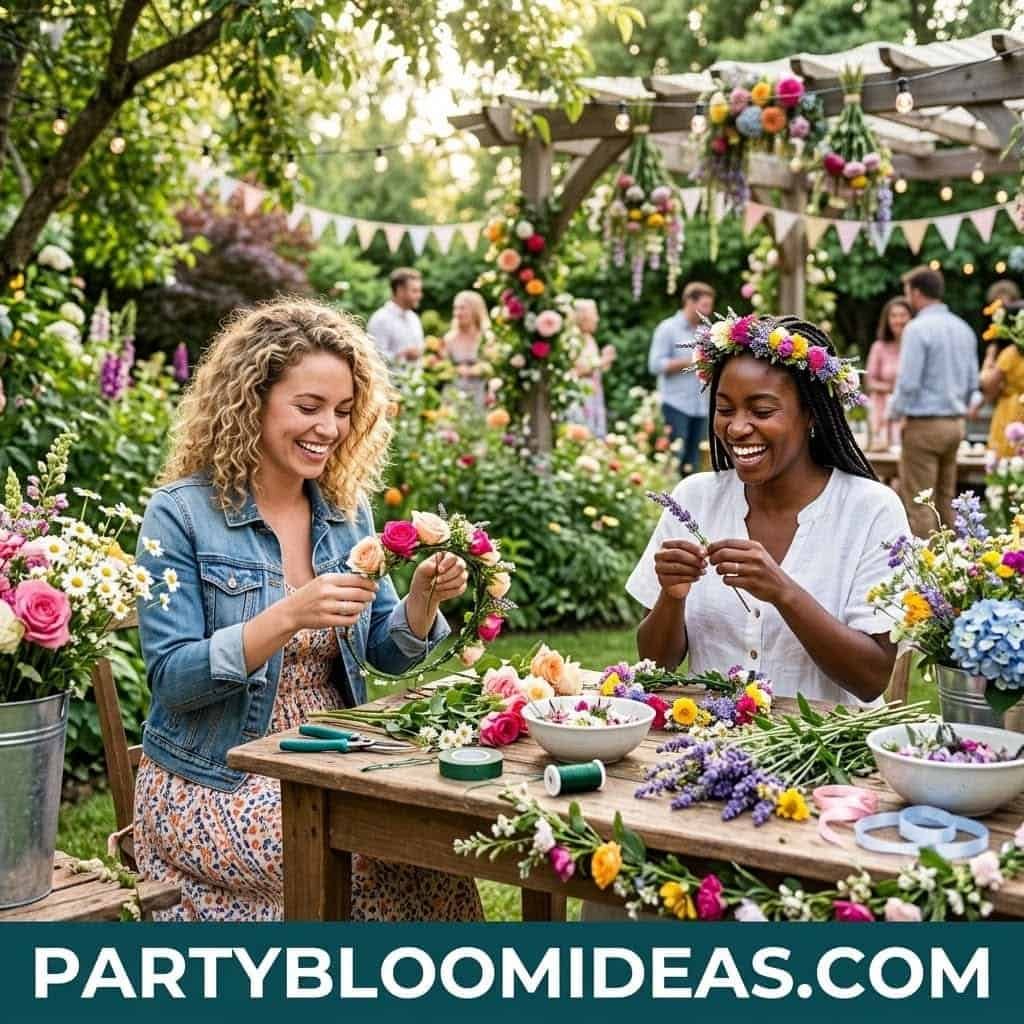 Beautiful women creating floral arrangements at outdoor Mother's Day celebration.