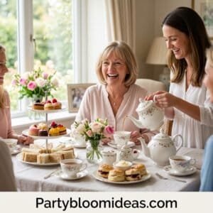 Mother's Day tea party with family, floral arrangements, and sweet treats.