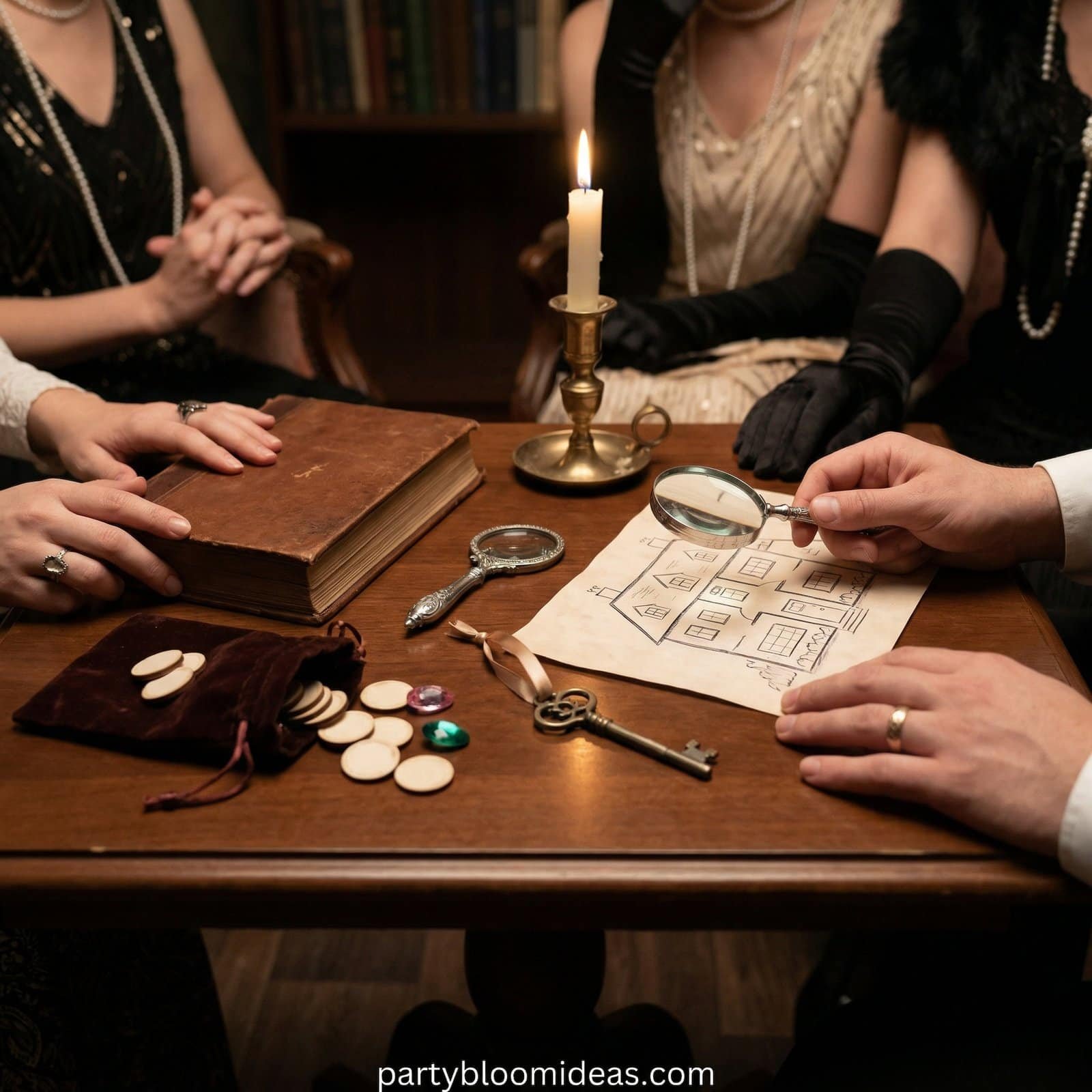 Kids playing a mystery-themed birthday game with clues and props for 12-year-olds.