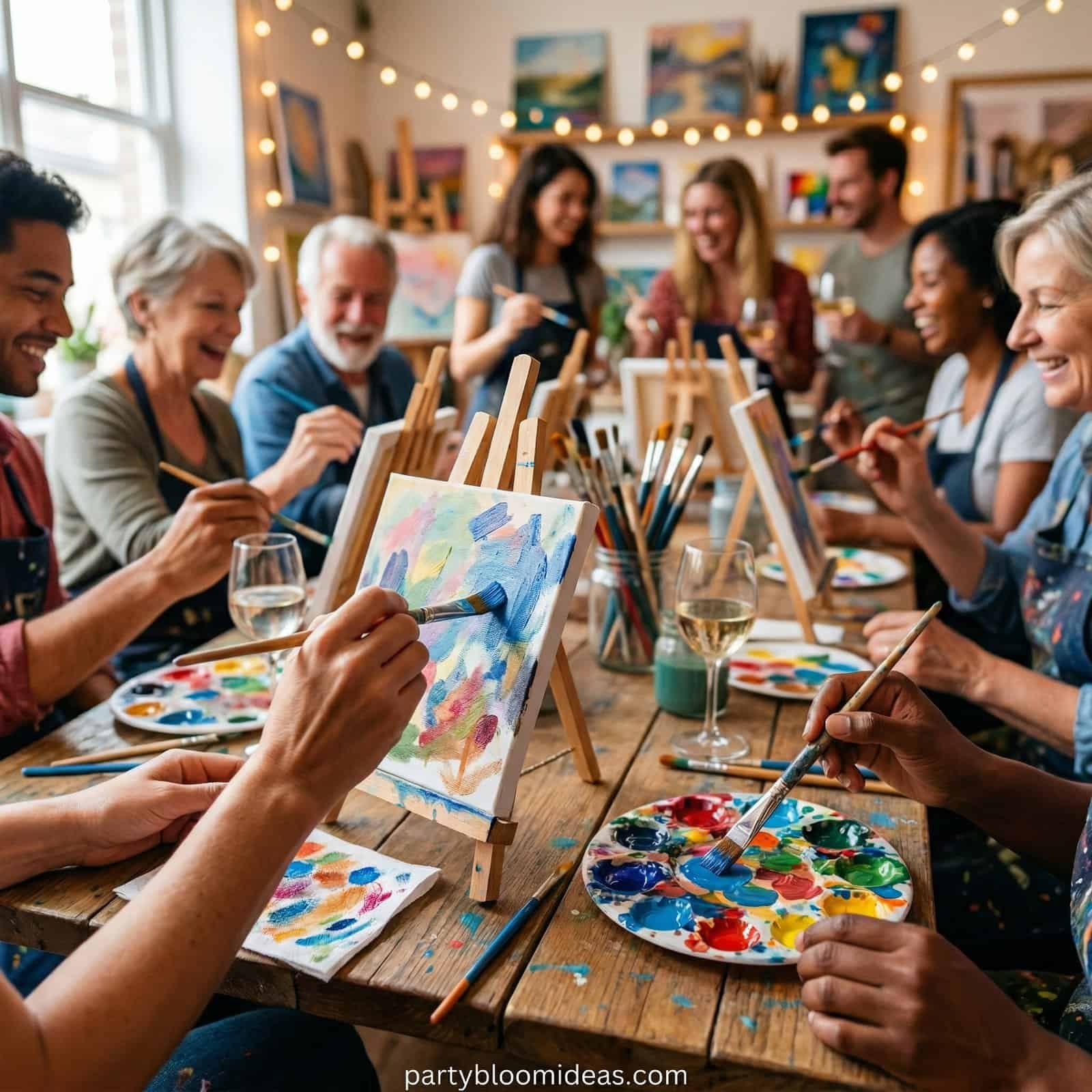 Creative painting activity for adults at a birthday party.