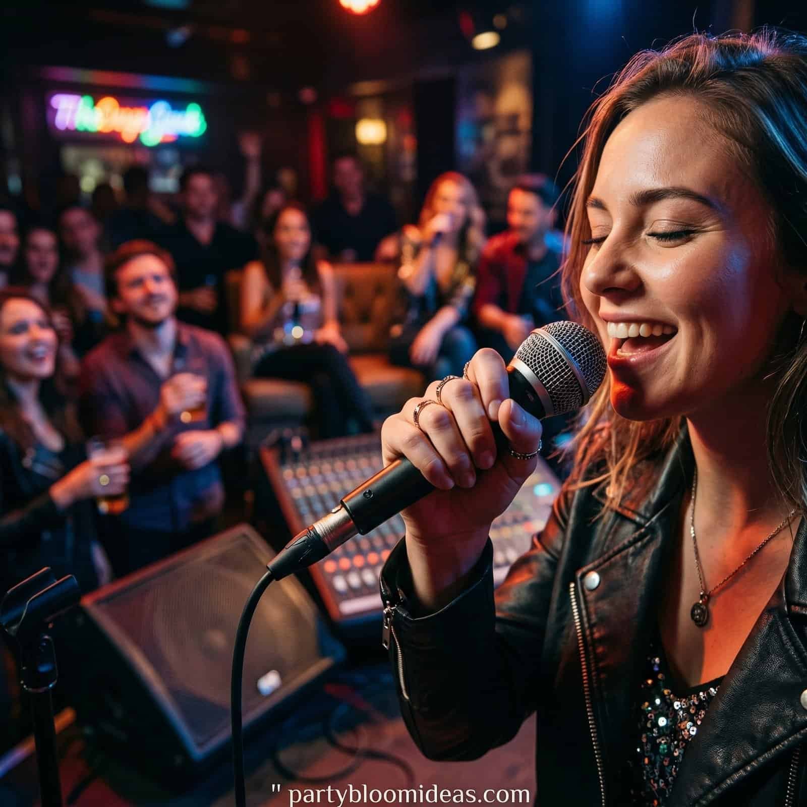 Woman singing karaoke at a lively adult birthday party with friends.
